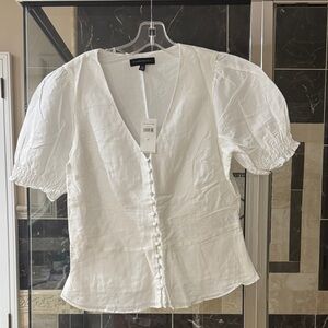 Banana Republic White V-Neck Puff Sleeve Button Blouse